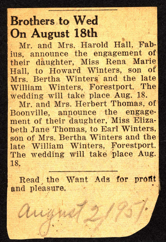 howard and earl winters wed rena marie hall and elizabeth jane thomas august 18 1951