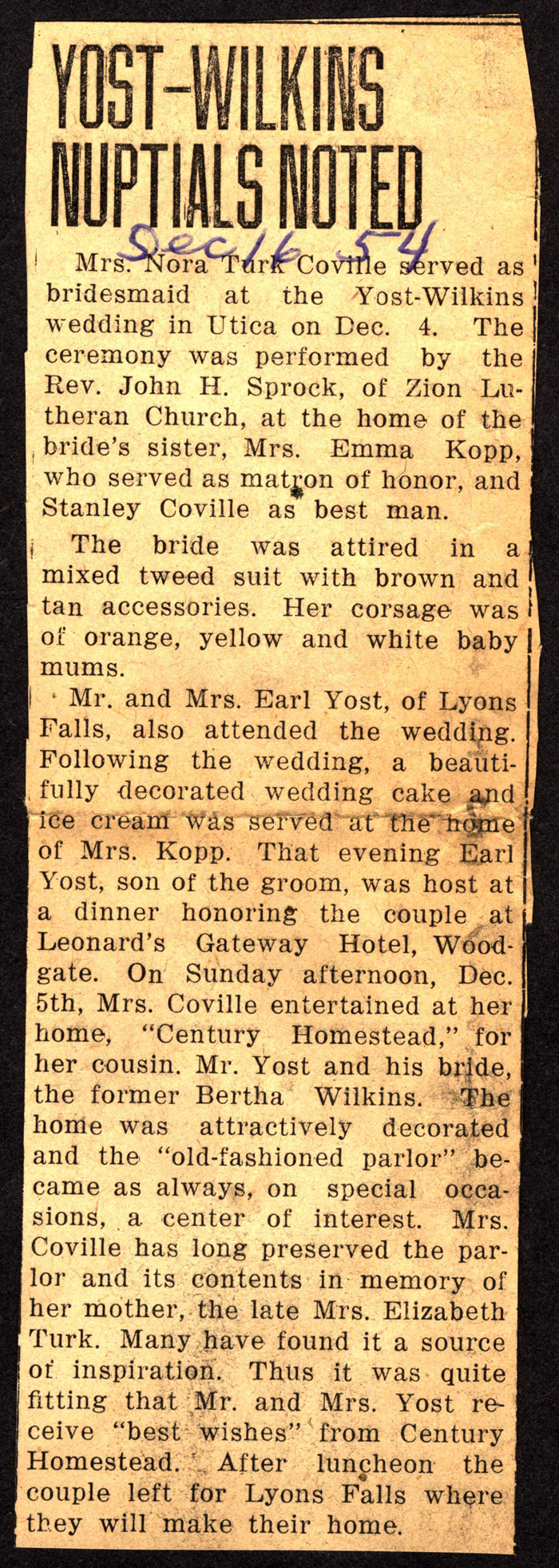 son of mr earl yost marries bertha wilkins december 4 1954