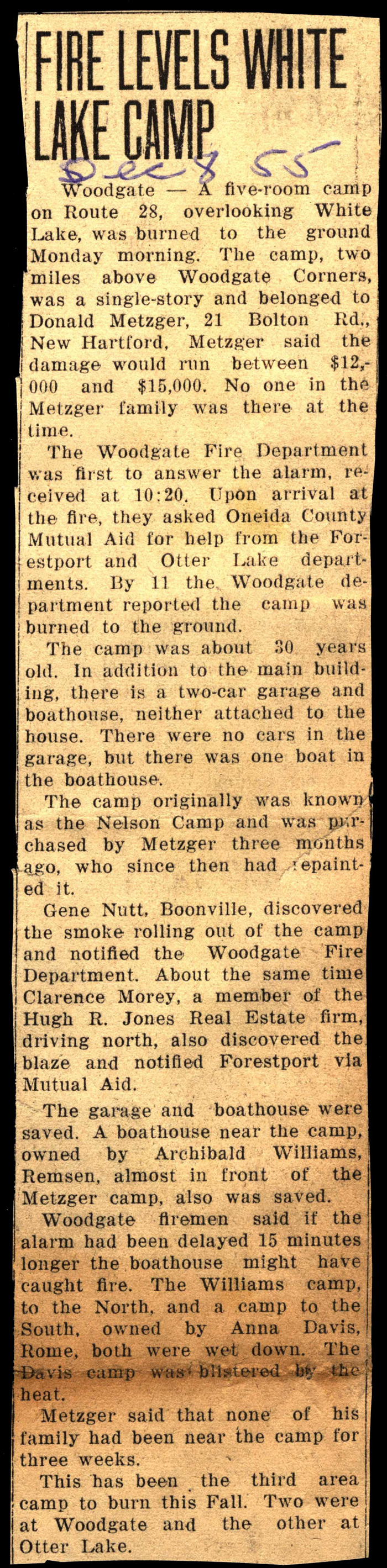 donald metzger camp burns to ground december 1955