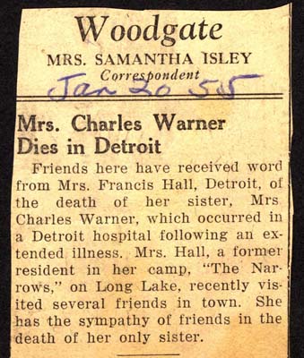 mrs charles warner sister of mrs francis hall dies in detroit january 1955
