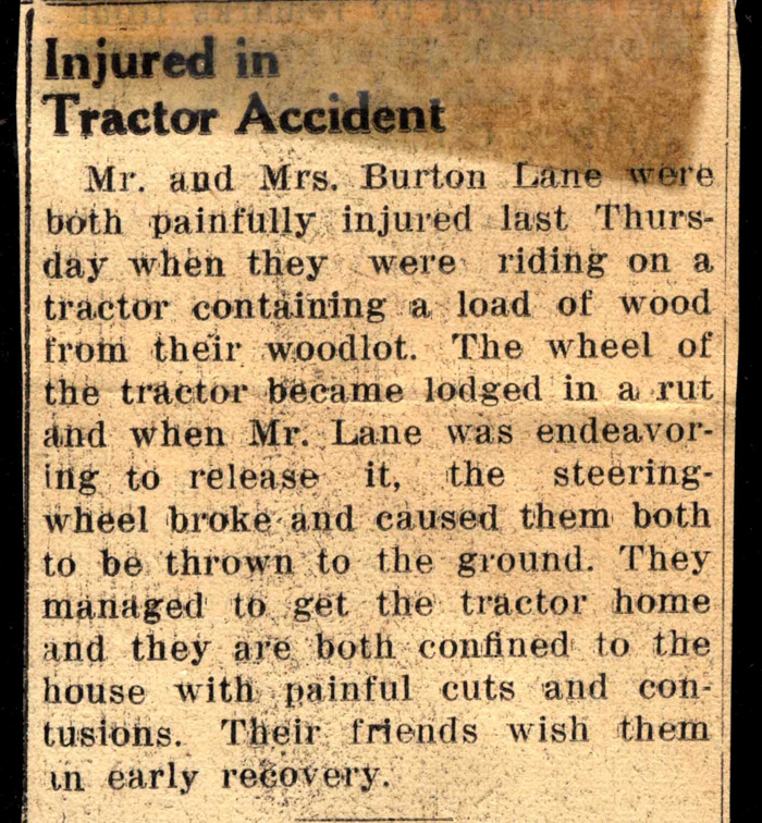 mr and mrs burton lane injured in tractor accident october 1957