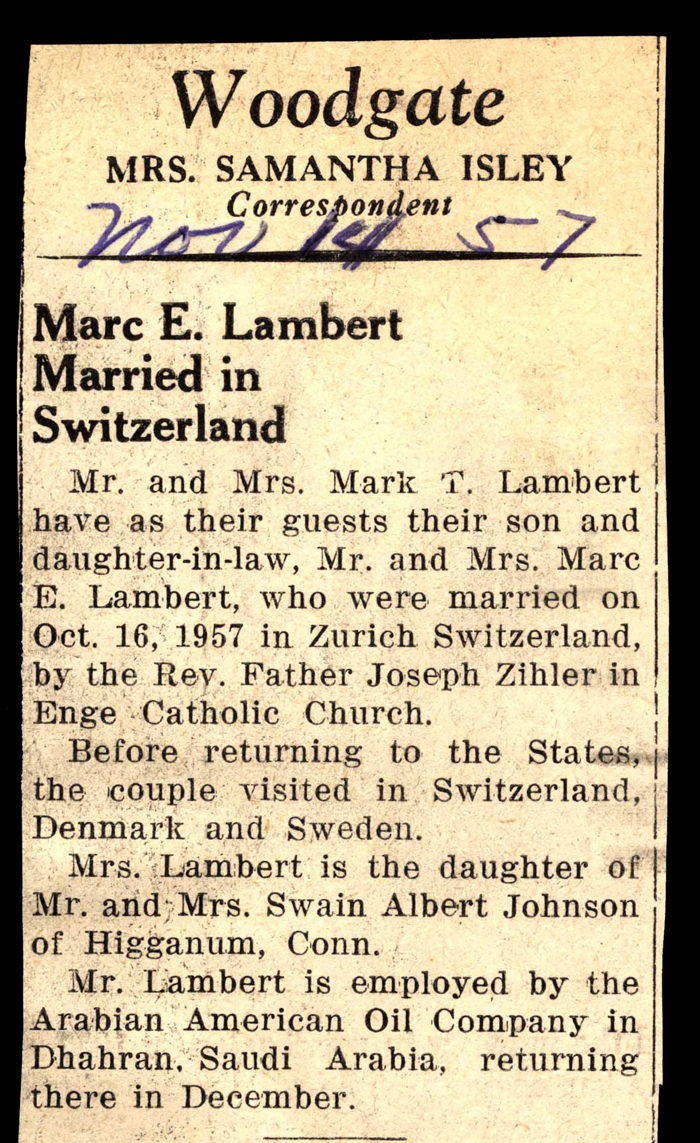 mr and mrs marc e lambert married in switzerland october 16 1957