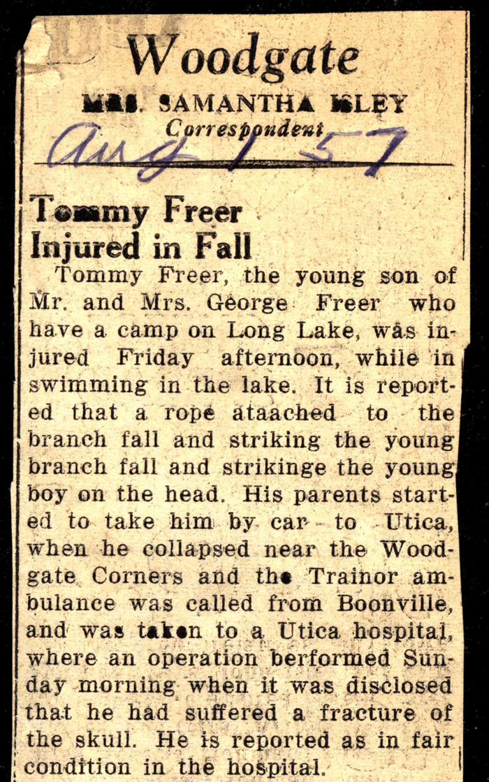 tommy freer injured in fall july 1957
