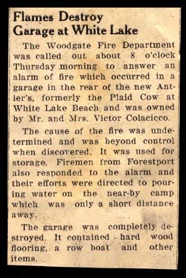 flames destroy colacicco garage at white lake december 1958