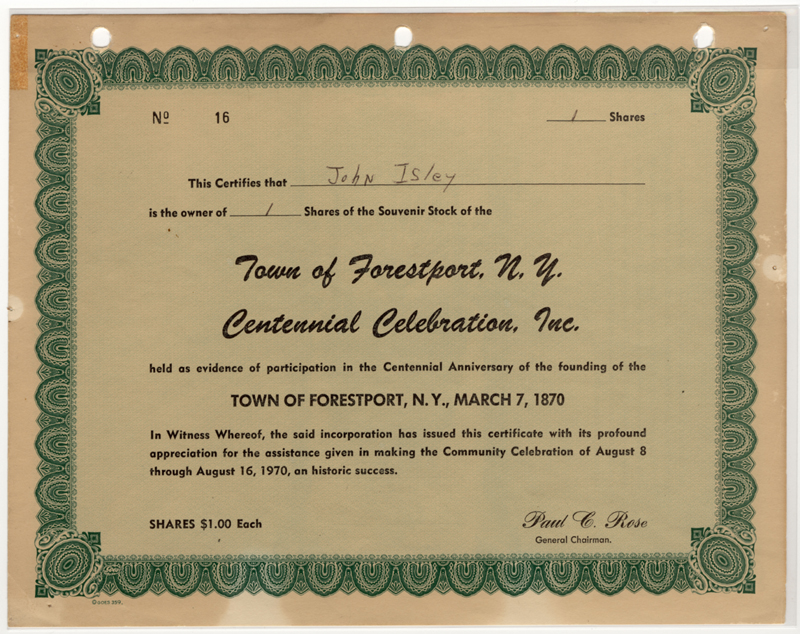 forestport centennial stock certificate john isley front