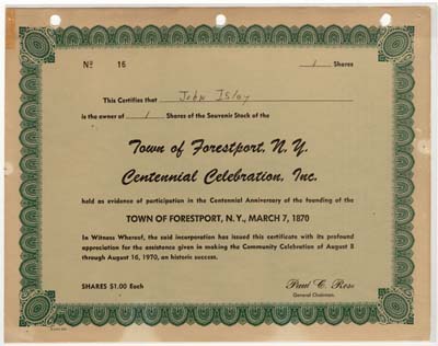 forestport centennial stock certificate john isley front