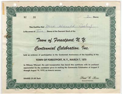 forestport centennial stock certificate mrs harold isley