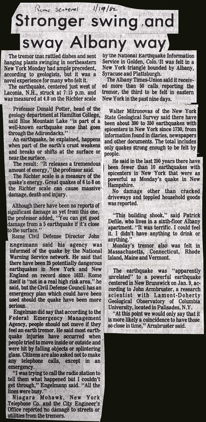 earthqauke felt in Albany january 14 1982