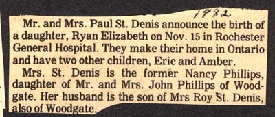 ryan elizabeth born to mr and mrs paul st denis november 15 1982