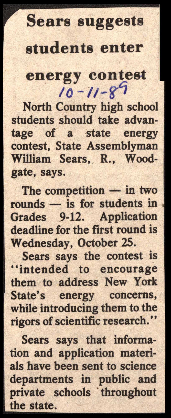 sears suggest students enter energy contest october 11 1989