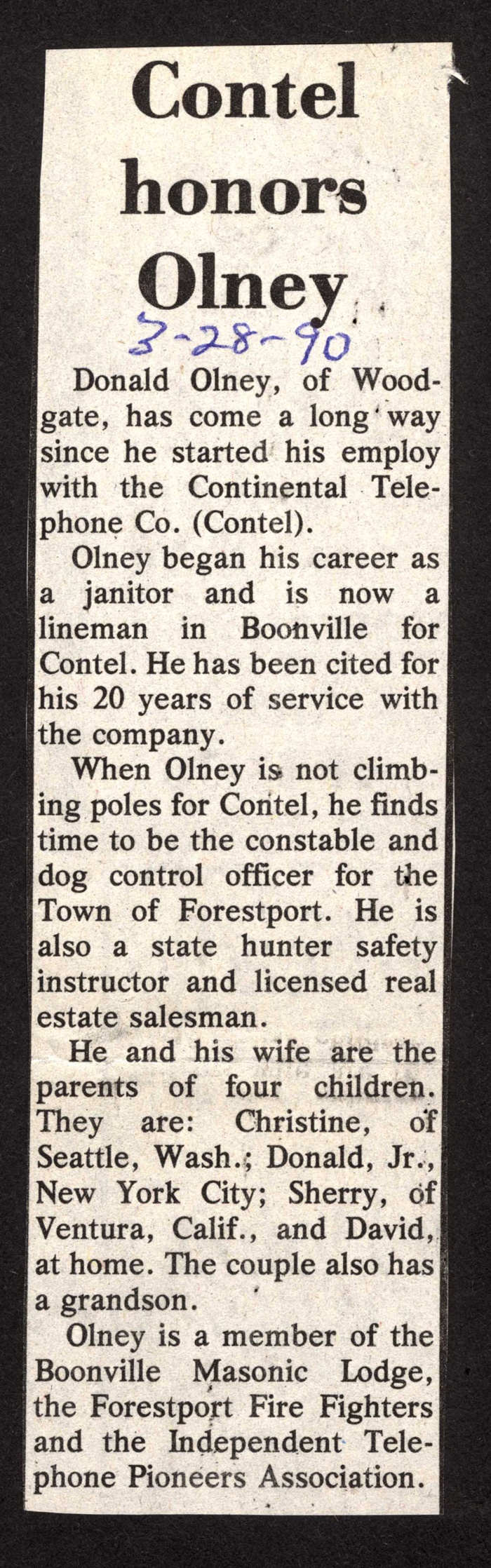 contel honors donald olney for 20 years service march 28 1990