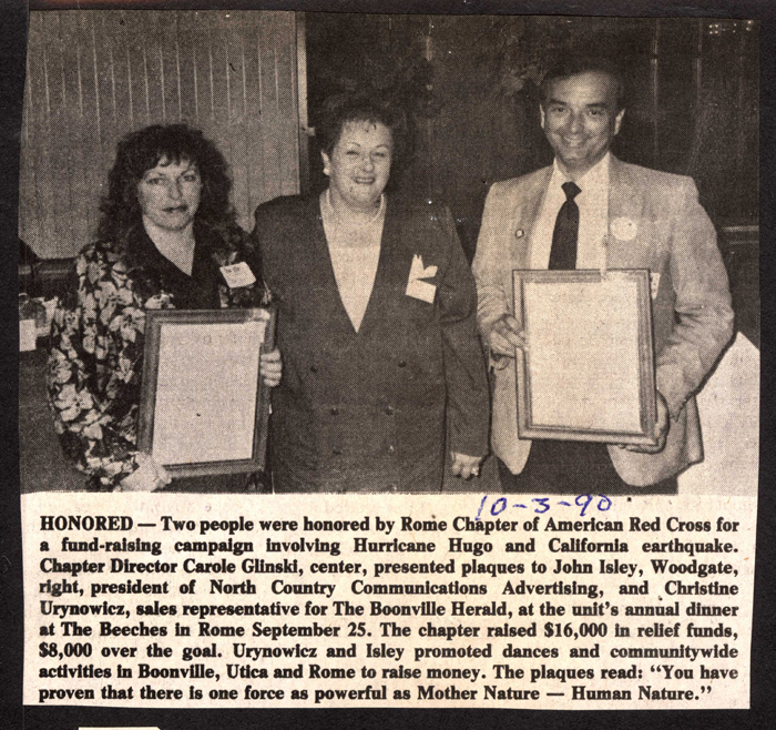 john isley and christine urynowicz honored by red cross for relief fund raising october 3 1990