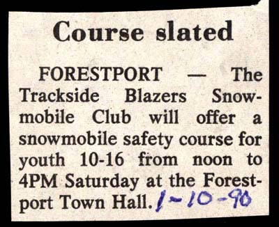 trackside blazers snowmobile club offers safety courses january 10 1990