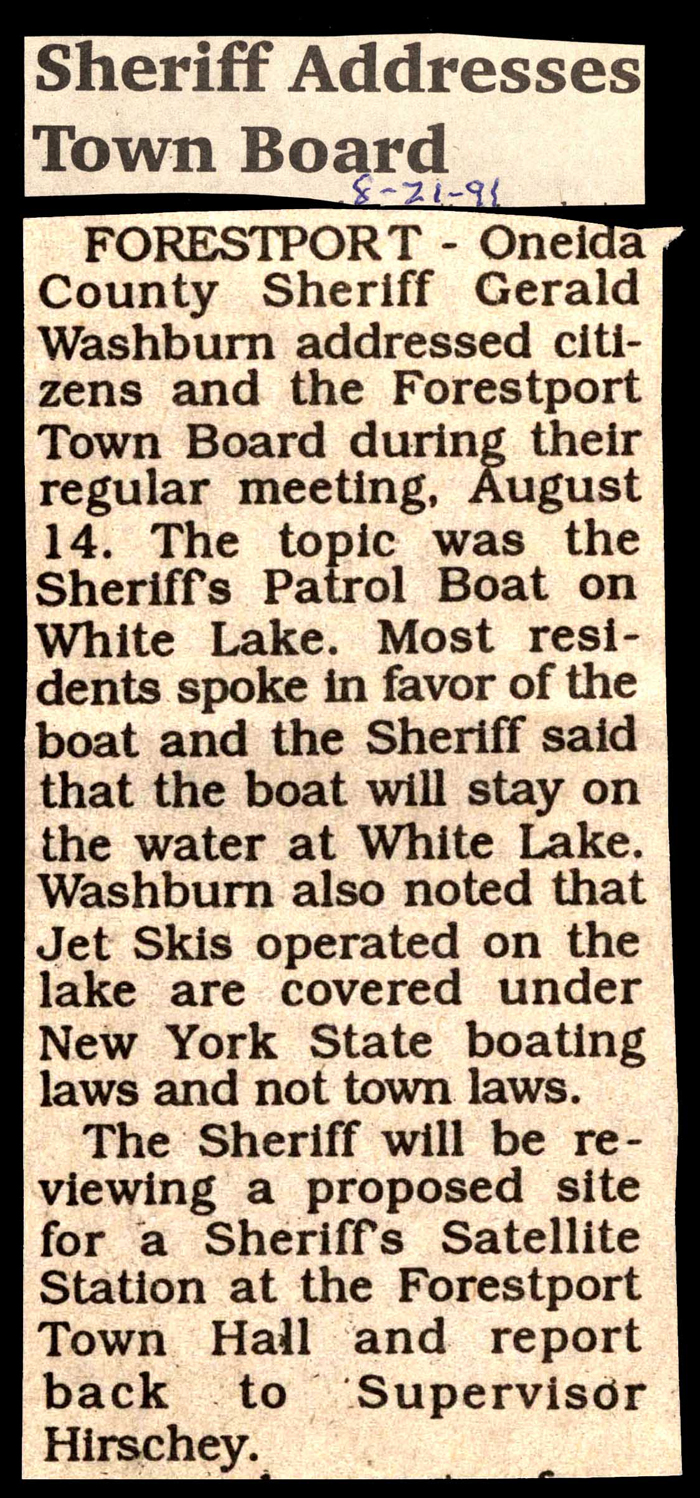 sheriff addresses town board on patrol boat for white lake august 21 1991
