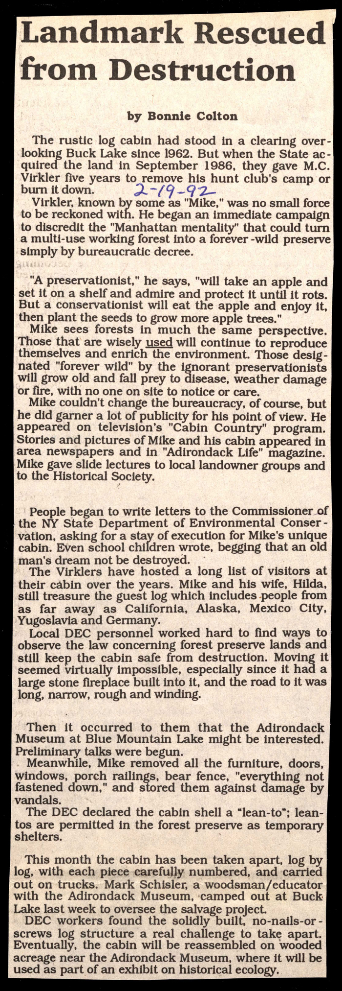 m c virkler rescues landmark log cabin from demolition february 19 1992