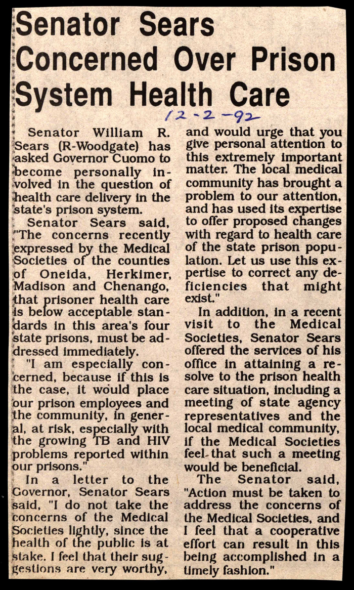 sears concerned over prison system health care december 2 1992