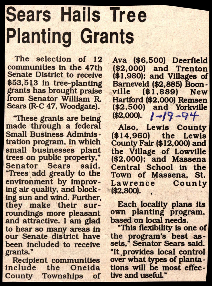 sears hails tree planting grants for 47th senate district january 19 1994