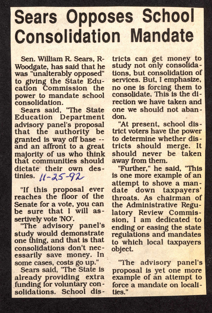 sears opposes school consolidation mandate november 25 1992
