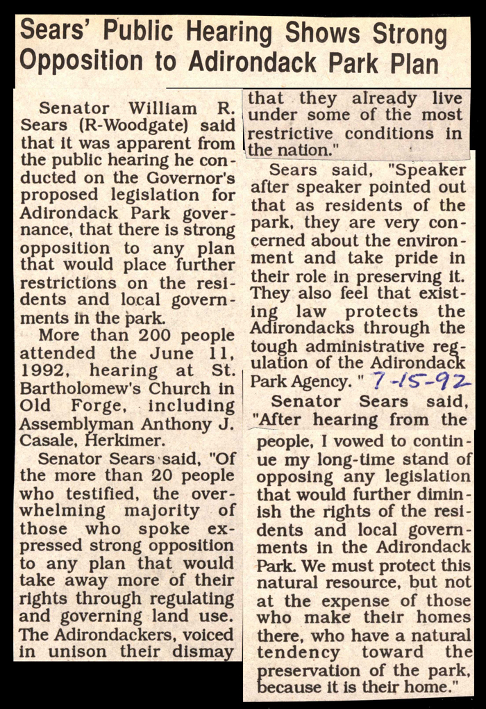 sears public hearing shows opposition to adirondack park plan july 15 1992