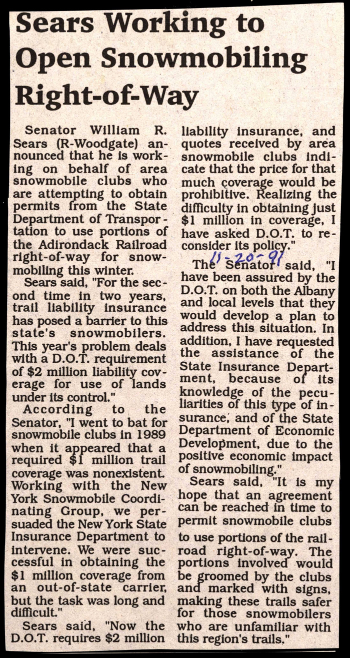 sears working to open snowmobiling right of way november 20 1992