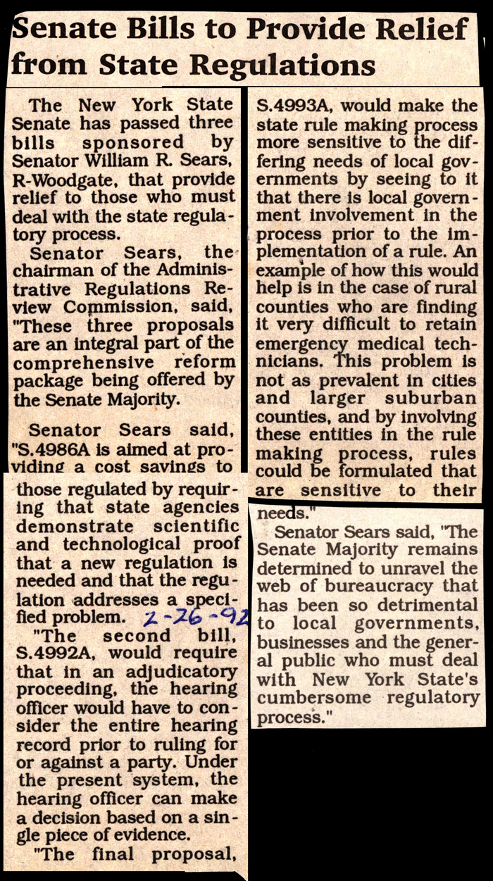 senate bills to provide relief from state regulations february 26 1992