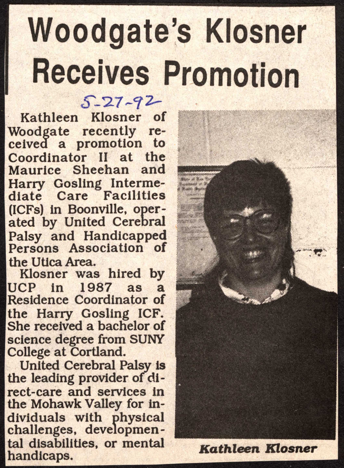 woodgates kathleen klosner receives promotion may 27 1992