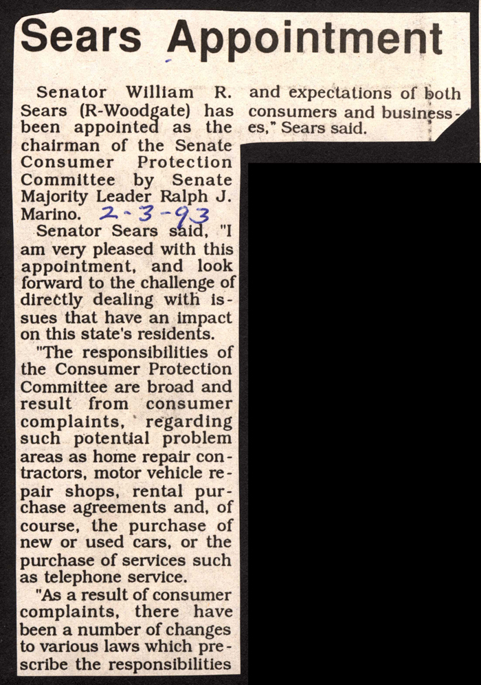 sears appointed chairman of consumer protection committee february 3 1993