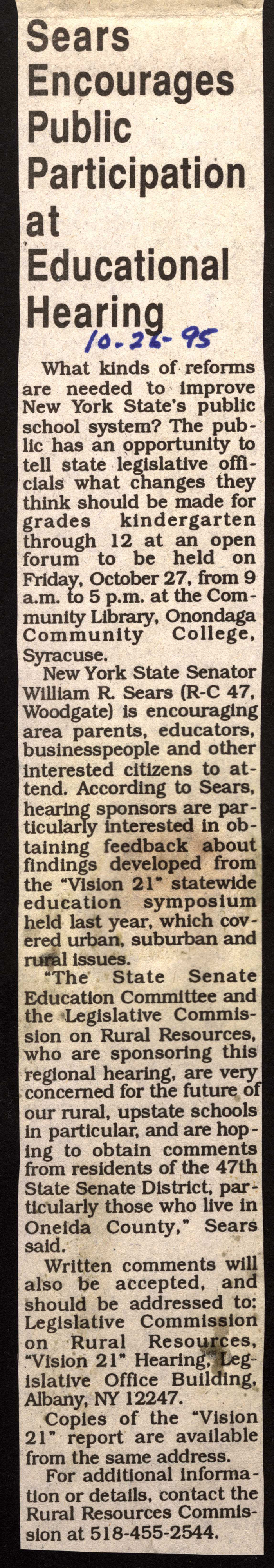 sears encourages public participation at educational hearing october 26 1995