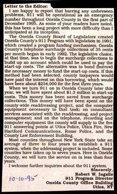 letter to editor from robert ingalls oneida county 911 director october 10 1995