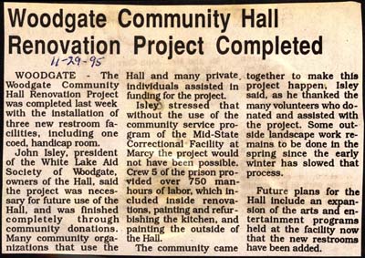 woodgate community hall renovation project complete november 29 1995