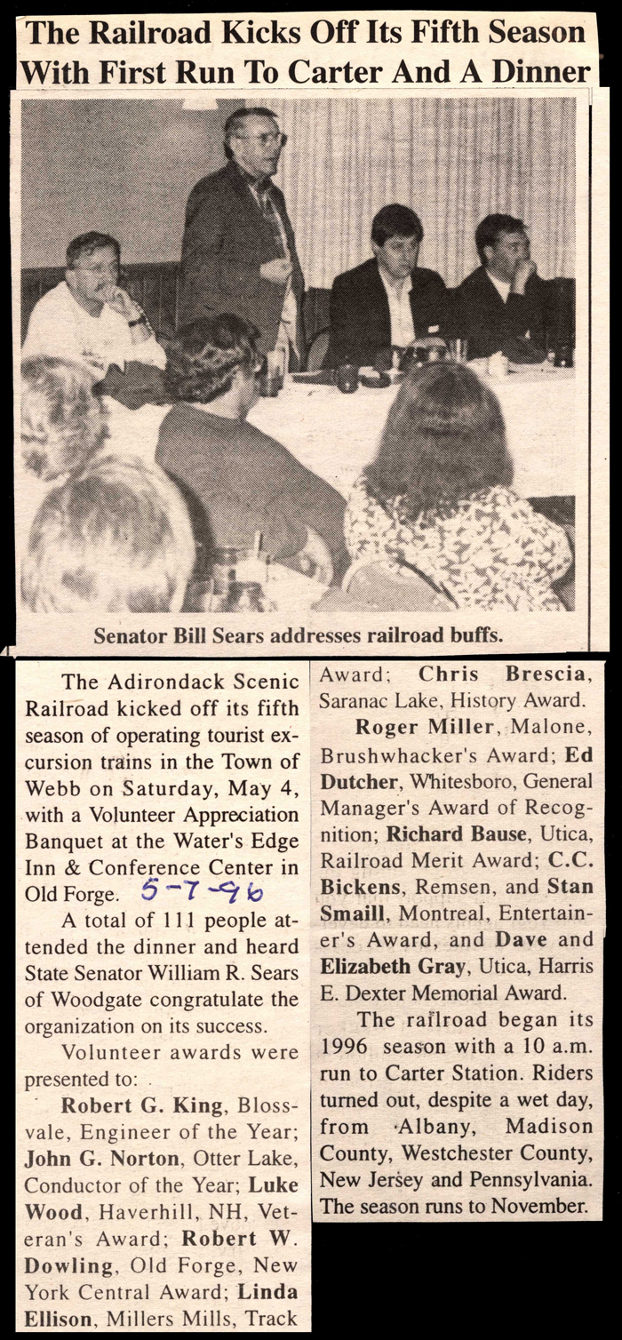 adirondack railroad kicks off fifth season with awards dinner may 7 1996