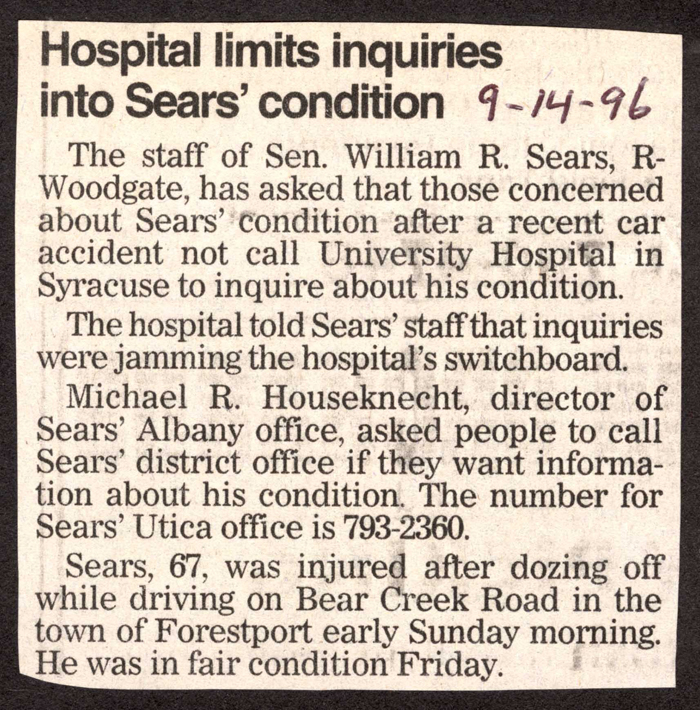 hospital limits inquiries into senator sears condition september 14 1996
