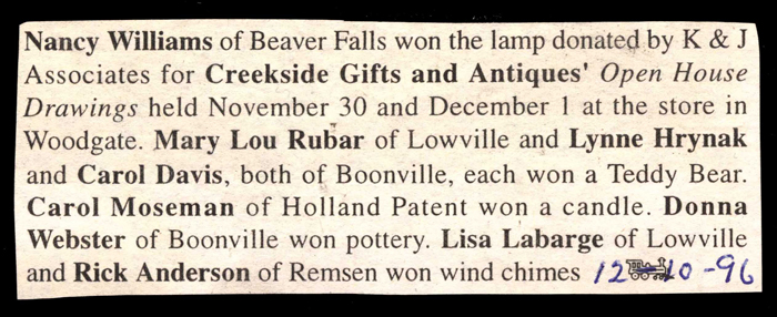 residents win gifts in creekside gifts and antiques drawing december 10 1996
