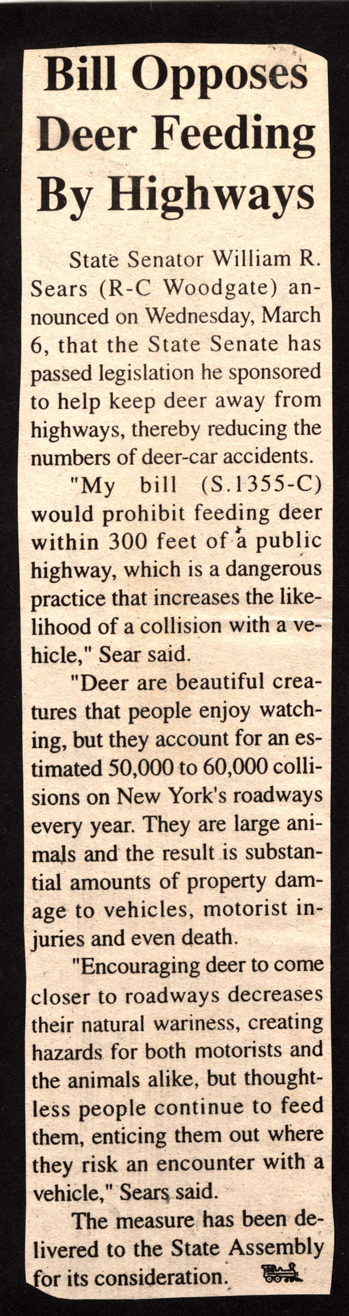 sears announces passing of bill opposing deer feeding by highways march 6 1996