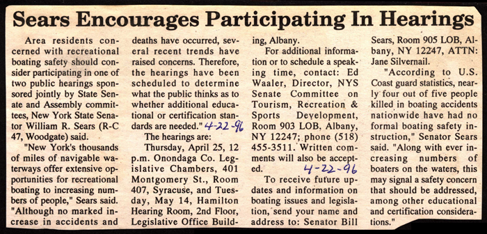 sears encourages participating in boating safety hearings april 22 1996