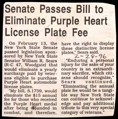 bill passed to eliminate purple heart license plate fee february 28 1996