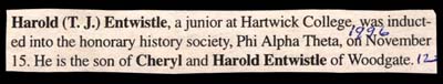 harold entwistle inducted into phi alpha theta at hartwick december 1996