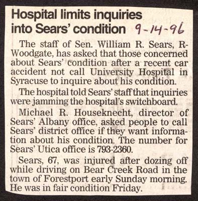 hospital limits inquiries into senator sears condition september 14 1996