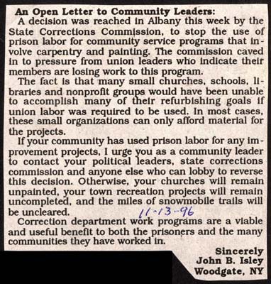 letter in objection to required union labor for community service november 13 1996