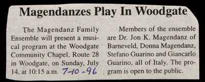 magendanz family presents musical program at woodgate chapel july 14 1996