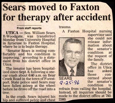 sears moved to faxton for therapy after accident september 25 1996