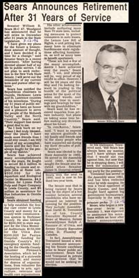 senator sears announces retirement after 31 years of service march 12 1996