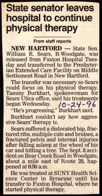 senator sears leaves hospital to continue therapy october 24 1996