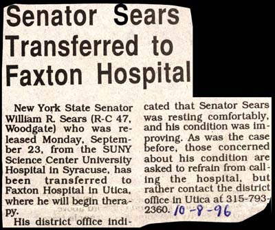 senator sears transferred to faxton hospital october 8 1996