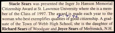 stacie sears receives citzenship award from st lawrence university may 7 1996