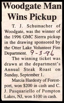 t j schumacher of woodgate wins 1996 gmc pickup september 3 1996