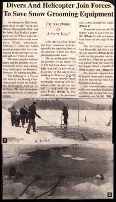 divers and helicopters join forces to save snow groomer february 11 1997 page 1