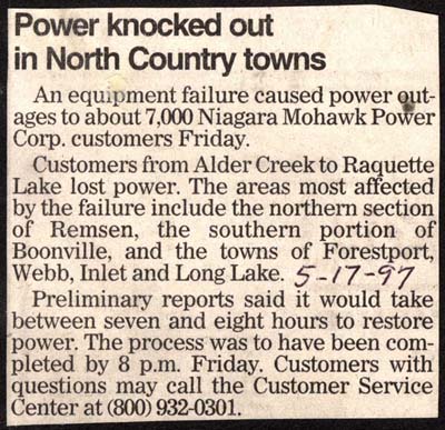 power knocked out in north country towns may 17 1997